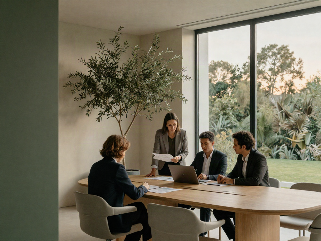 An editorial illustration of consultants reviewing a business strategy in a light-filled meeting room